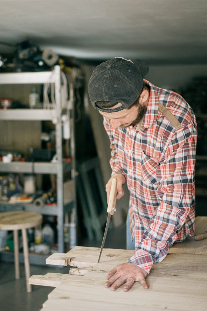 Carpenter in a workshop focusing on crafting wood with precision.